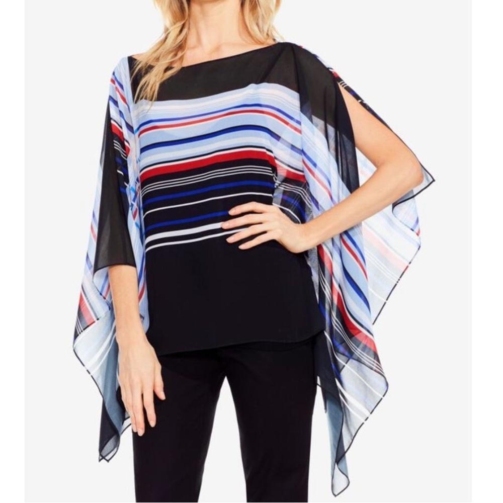 🆕 Vince Camuto Linear Graphic Multicolor Blue & Red Stripe Oversized Poncho